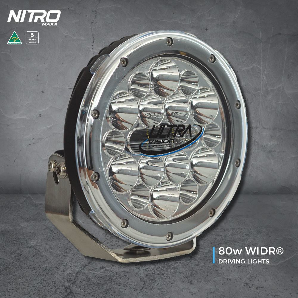 Nitro 80W MAXX 7" LED Driving Light Pair – Widr – 4500K – Chrome Rim – (Includes Harness & Anti-Theft Nuts)