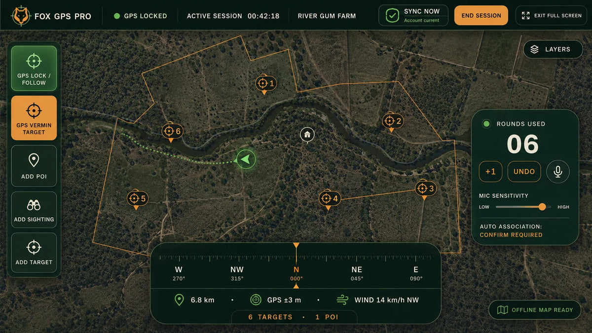 Fox GPS Pro field-map screenshot showing a property map, session controls and field records